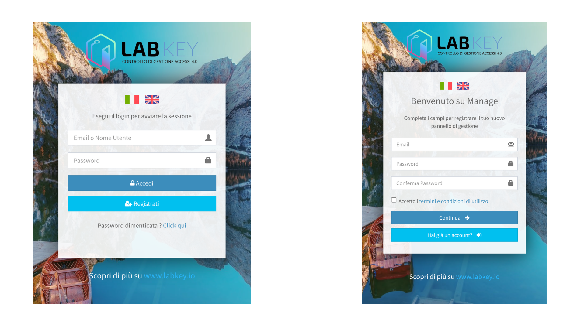 accedi e registrati per pannello manage labkey