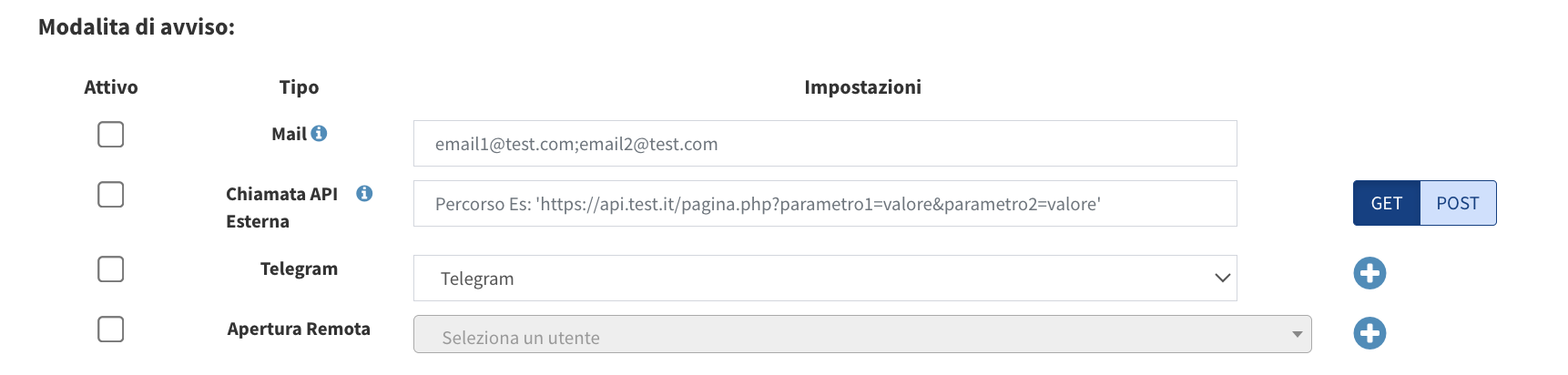 modifica modalità alert avanzati