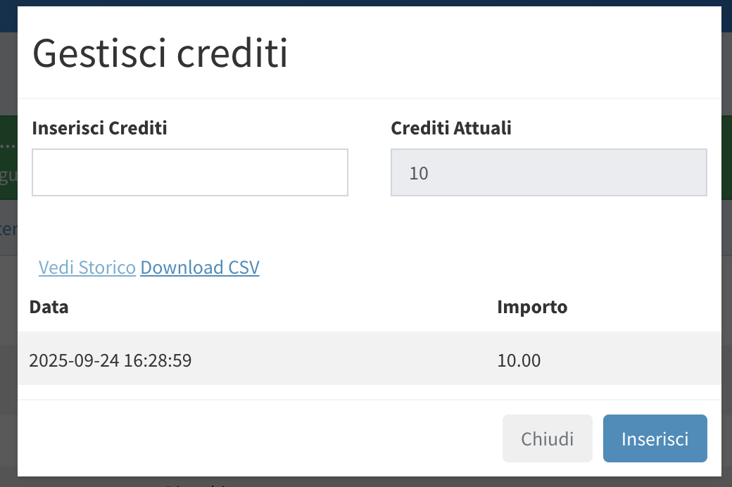 Crediti Aggiungi storico
