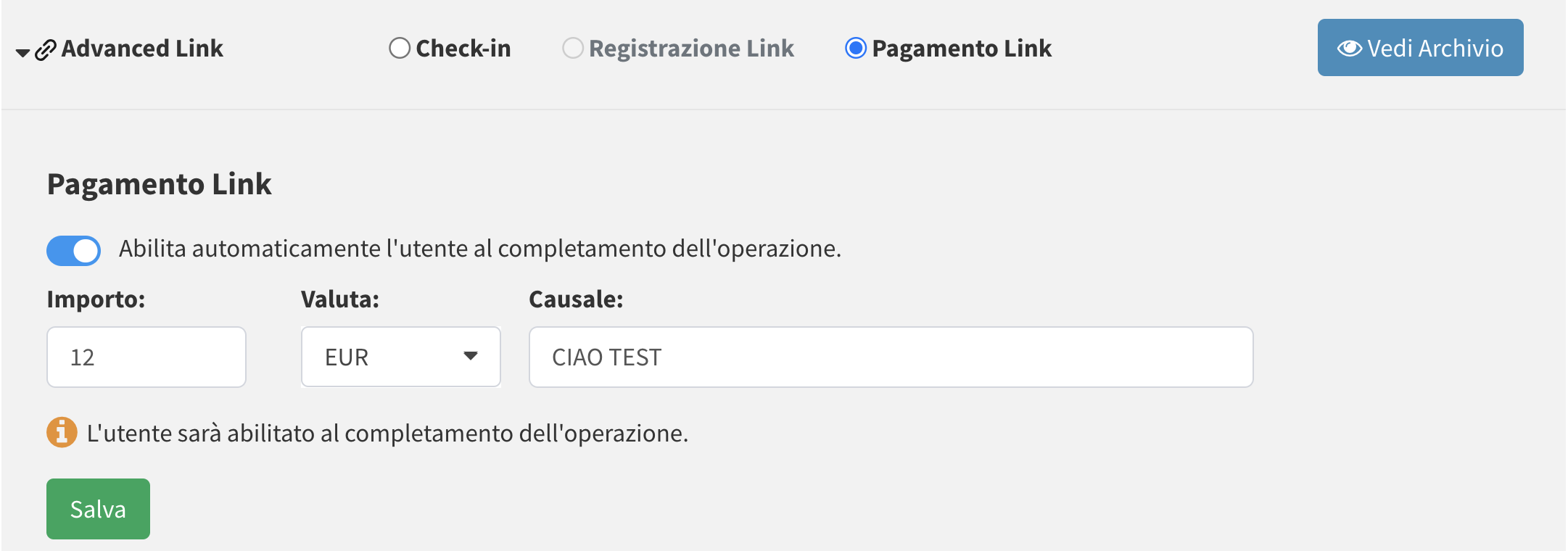 creazione link pagamenti